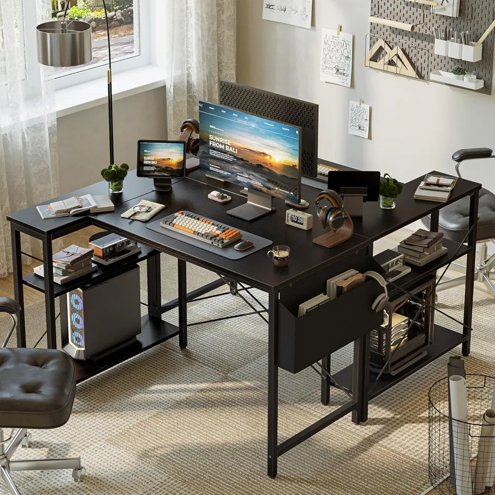 مكتب كمبيوتر على شكل حرف L، مكتب زاوية مقاس 47 بوصة مع مساحة تخزين، أرفف قابلة للعكس، مثالي للألعاب والاستخدام المكتبي