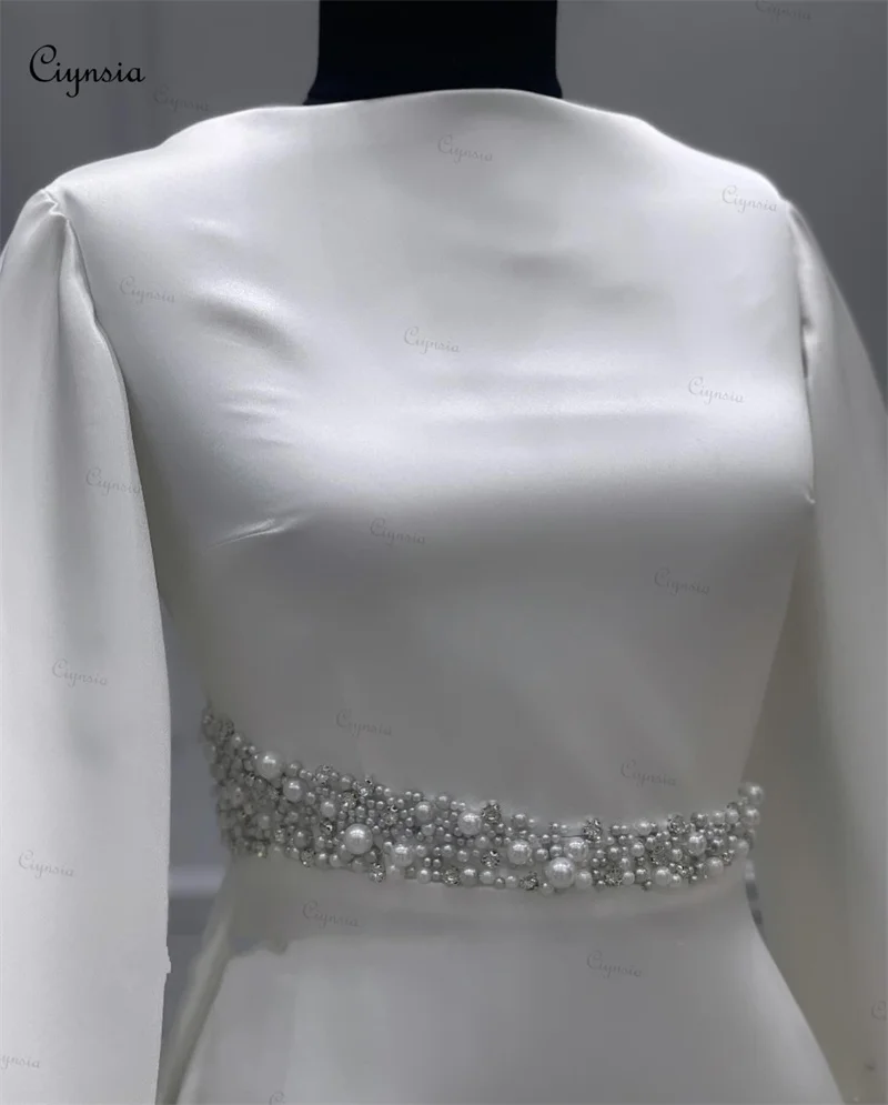 Ciynsia personalizado elegante manga longa vestido de casamento muçulmano 2025 noiva frisado pérolas marfim vestidos de noiva alta pescoço robe de mariée