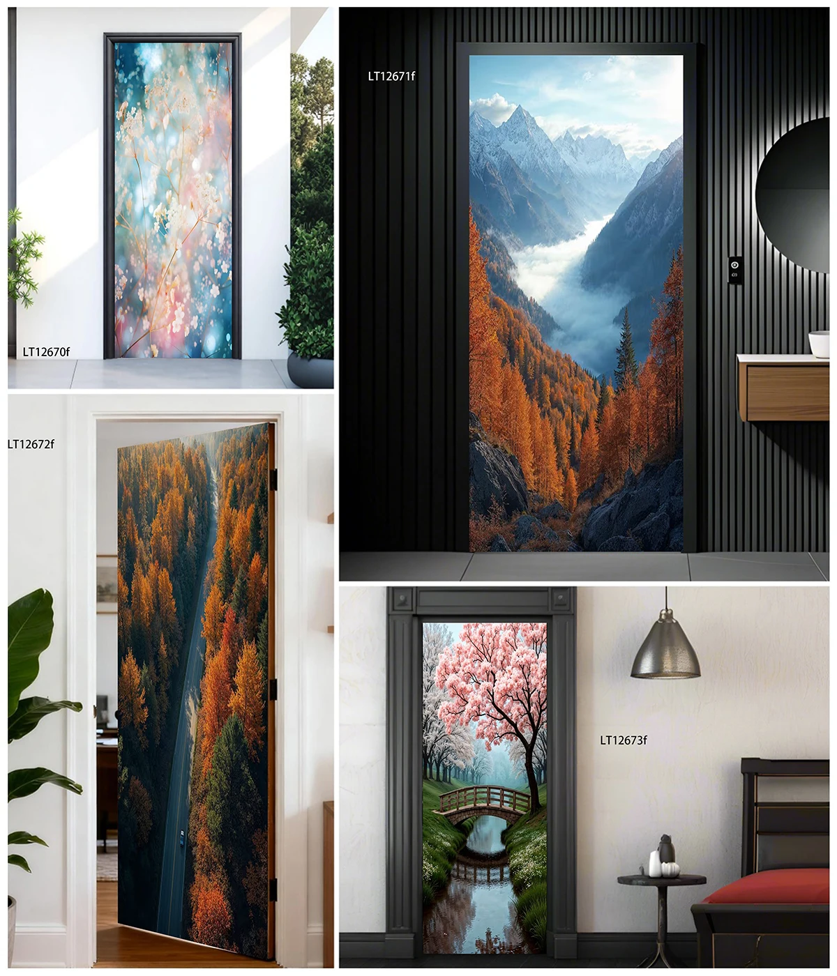 Peel&Stick Vinyl Door Decal Magical Snow Monster Penguin Ocean Whale Bee Mountain Mural Waterproof Door Wrap DIY Wall Decor