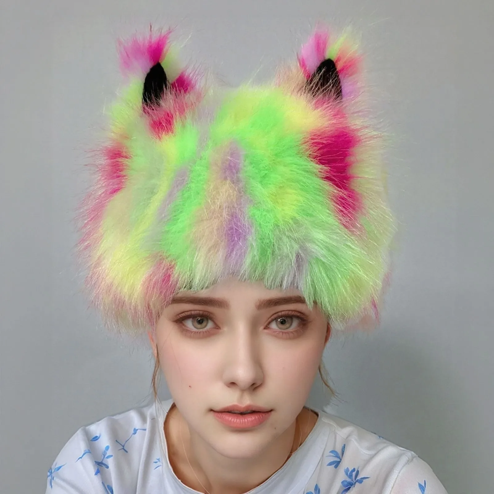 

ZADORIN Fashion Faux Fur Hats For Woman Cap 2025 Winter Rainbow Cat Ears Funny Costume Party Performing Fur Hat Y2K Beanie Hats