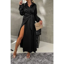 Women Casual Solid Color Tied High Waist Slit Dress Autumn Winter Fashion Dress Women Long Sleeve Turn-down Collar Elegant Dress