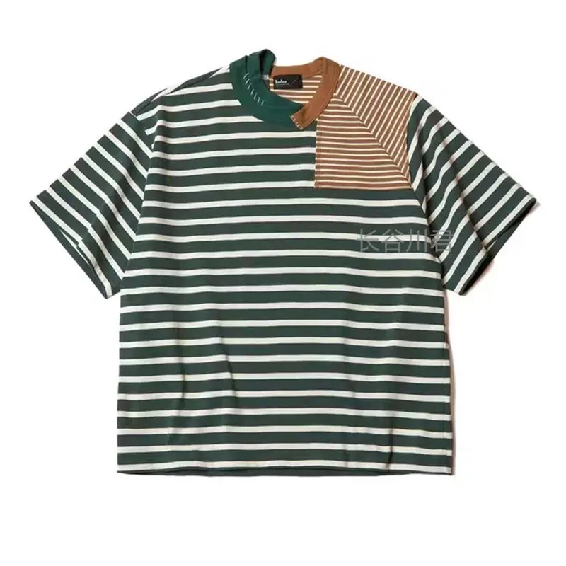KOLOR Abe Japanese Casual Irregularly Cut Black and White Striped Splicing Contrast Short-sleeved T-shirt for Men