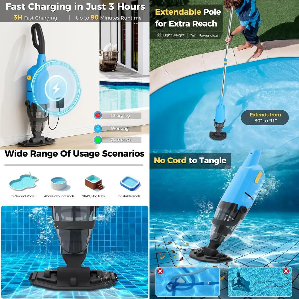 Rechargeable Above Ground Pool Vacuum Cleaner - 69 Pole, 20 GPM, 90 Min Runtime for Pools, Spas, Hot Tubs, Debris Removal