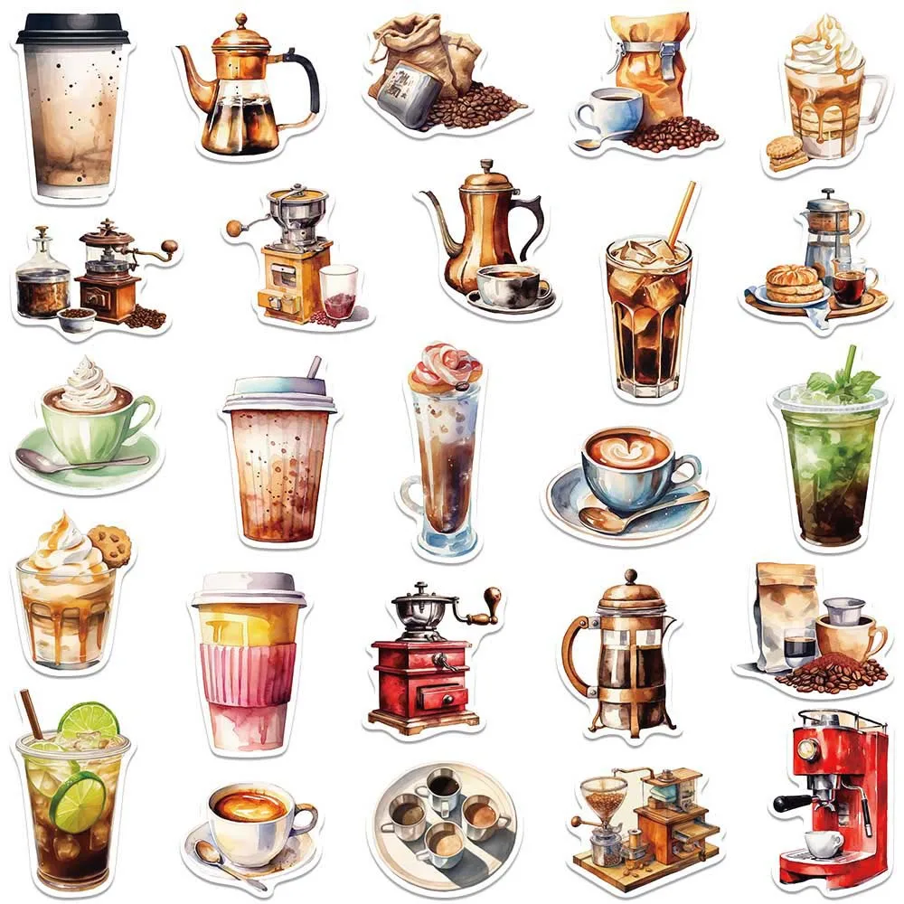 10/50Pcs Cartoon Coffee Aesthetic Varied Stickers Pack for Kid Toy Travel Luggage Laptop Car Notebook Decoration Graffiti Decals