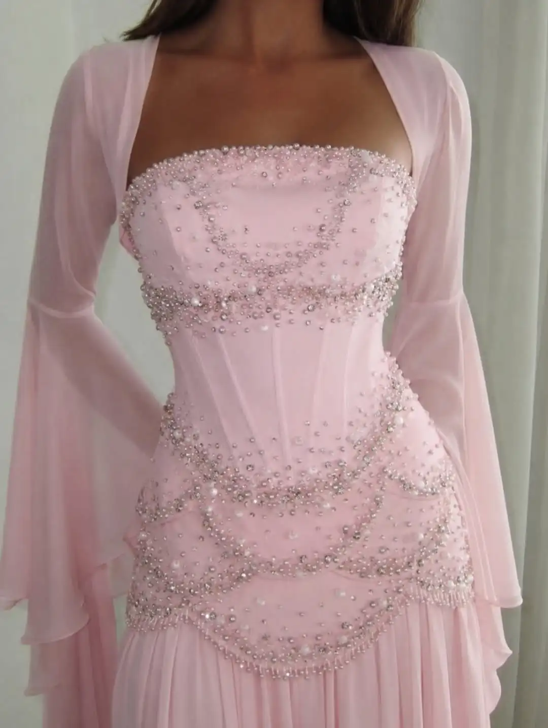 LumiGown Custom Vintage Layered Rhinestone Chiffon Mermaid Gown Square Neck Bell Sleeve Cape Dusty Pink Flowy Pleated GalaDress