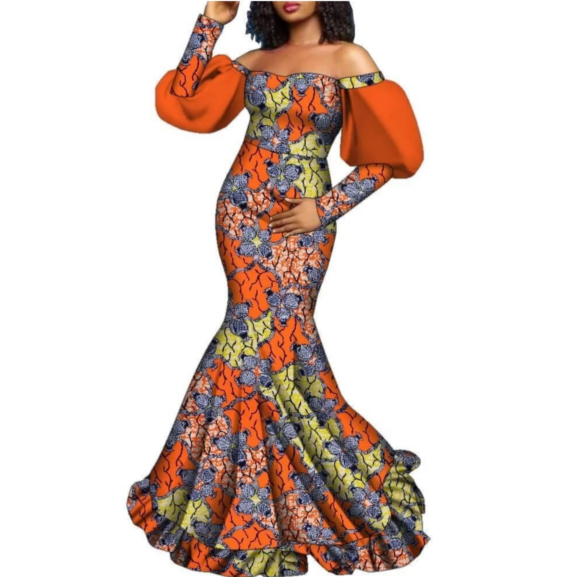 

African Dresses for Women Cotton Ankara Print Long Sleeve African Clothes for Wedding Dashiki Party Off Shouder Dresses WY707