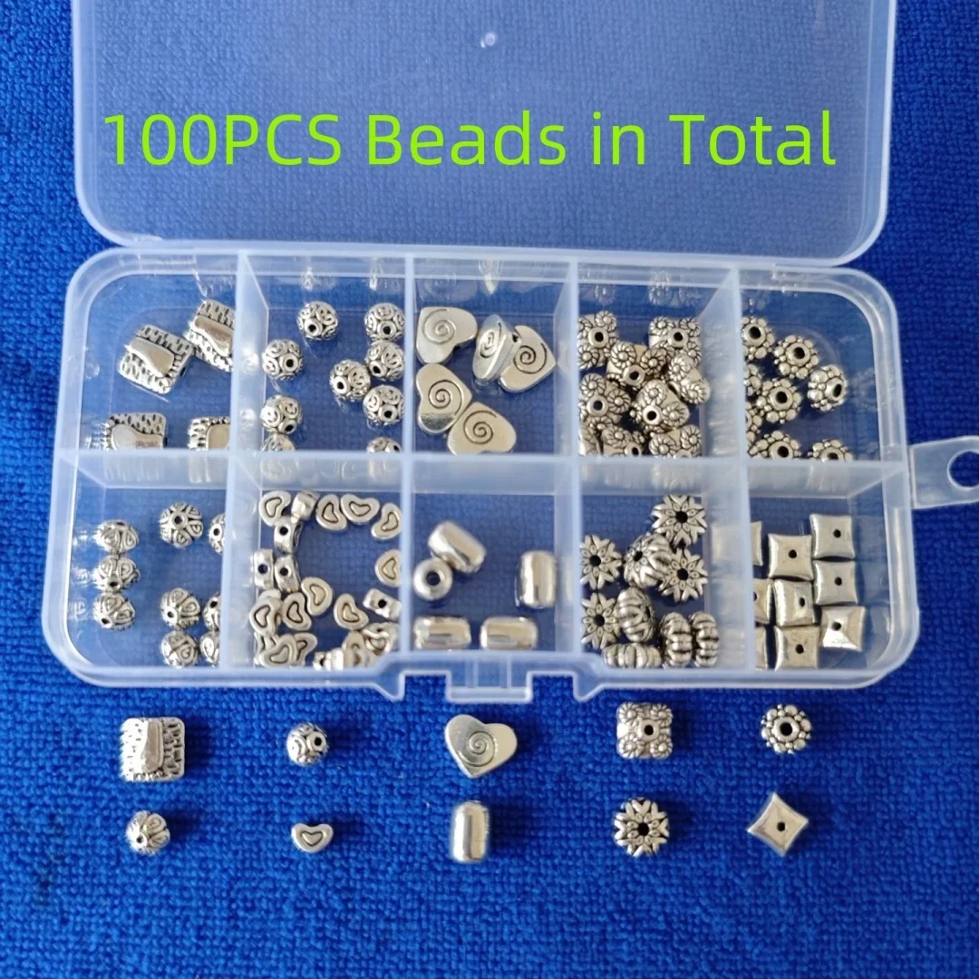 

100PCS Antiqued Silver Metal Spacer Beads Heart Round Flower Square Shapes etc in Storage Box