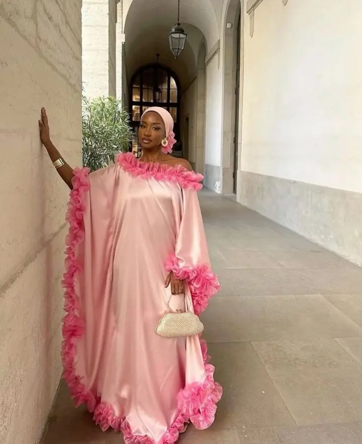 Pretty Pink Kaftan Fuchsia Ruffles Trimmed Modest Muslim Long Robe Full Sleeves Free Size Long Formal Party Dresses Women Gowns