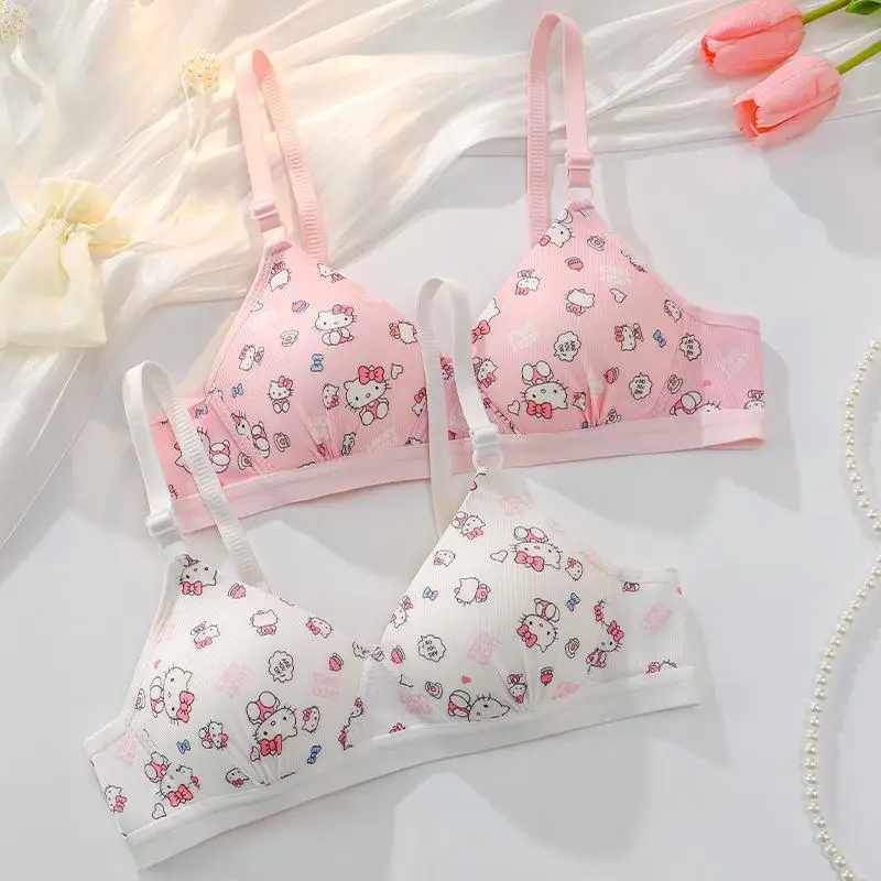 Kawaii Thin Sanrios Bra Girl Cute Hellokitty Bra Half Cup Underwear Small Chest Gathering No Steel Ring Comfortable Bra Set Gift