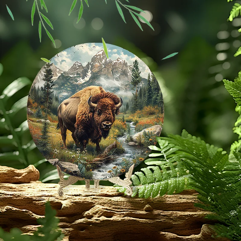 Realistic American Bison Wreath Sign: 8x8 Inch Aluminum Metal, Four Seasons Illustration, Home Decoration, Coffee Shop