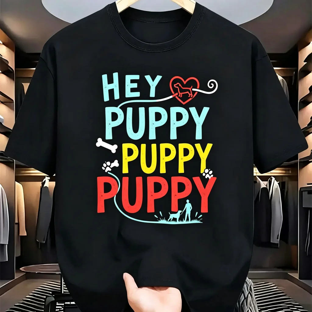 Camiseta informal de algodón negra con estampado divertido de amante de los perros para hombre, camiseta informal de algodón negro con estampado de Hey Puppy Puppy Puppy