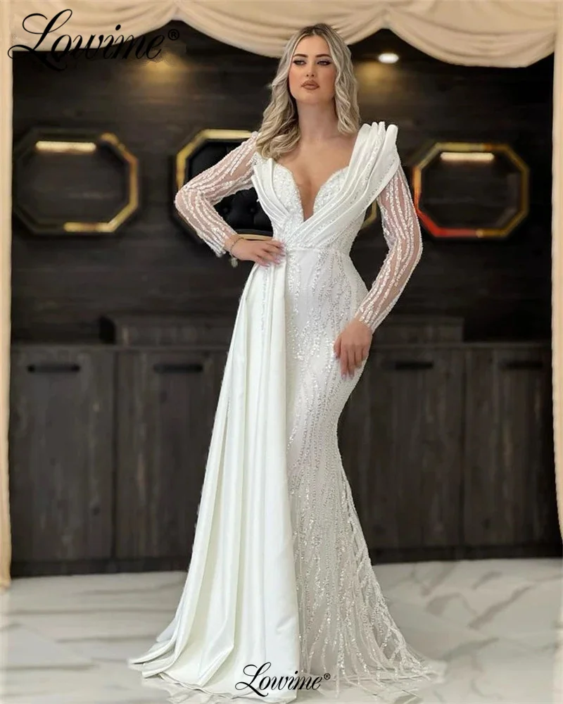 

Dubai Arabic Sequins Beaded Formal Long Sleeves Evening Dresses Mermaid Ivory Side Train Wedding Party Dress Robes Prom Gowns