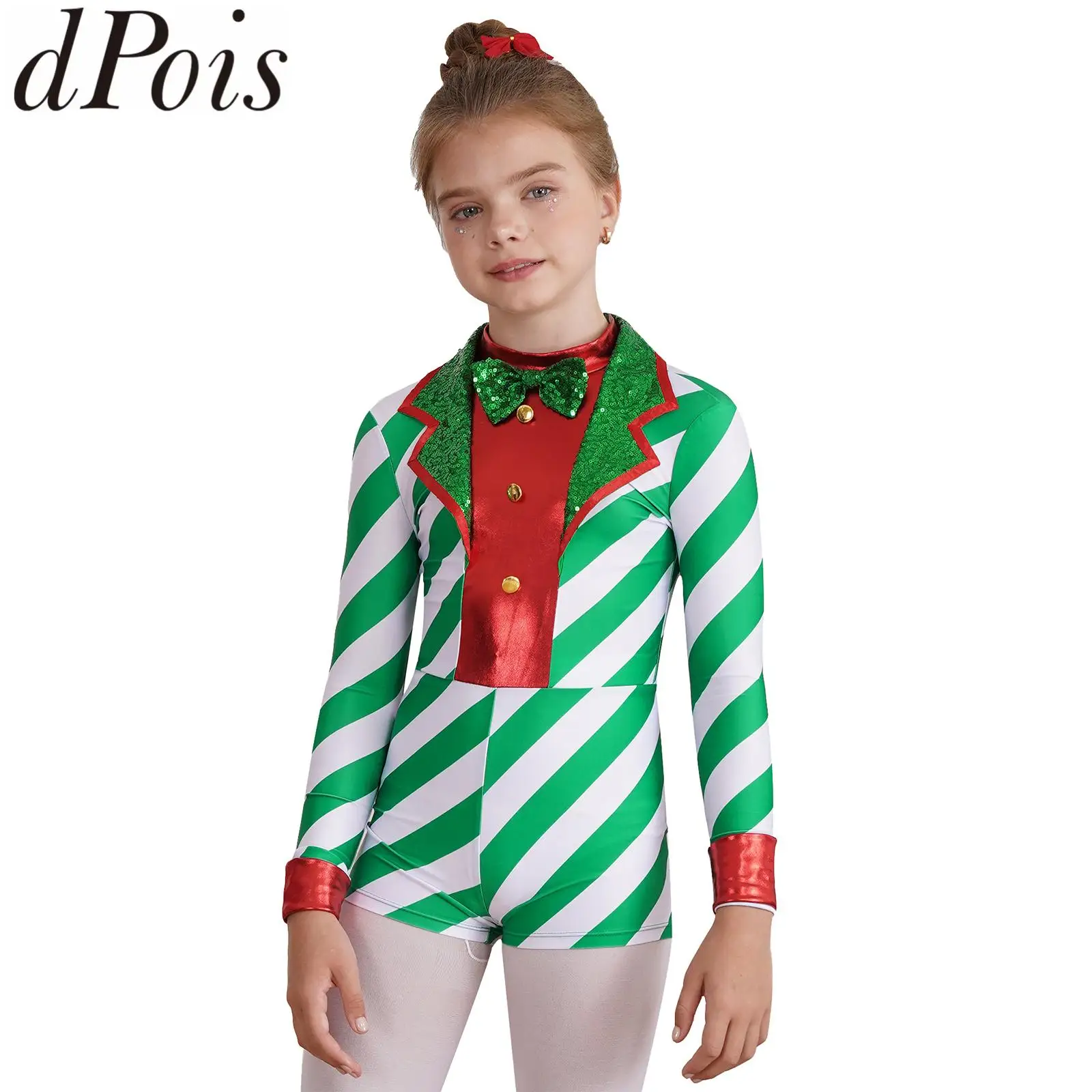 

Kids Girls Christmas Candy Cane Jumpsuit Long Sleeve Sequins Stripes Bodysuit Jumpsuit Xmas Party Santa Claus Cosplay Costume