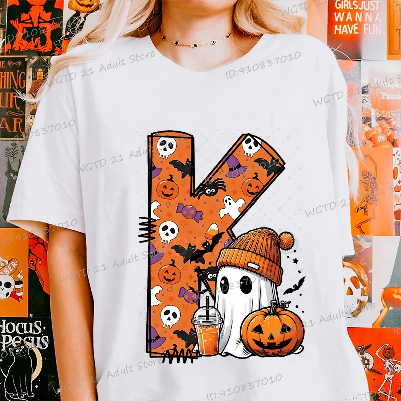 

Classic Alphabet Halloween Boo Print T Shirt Harajuku Ghost Pumpkin Halloween Tee Casual Summer Tees Women Crewneck Spooky Shirt