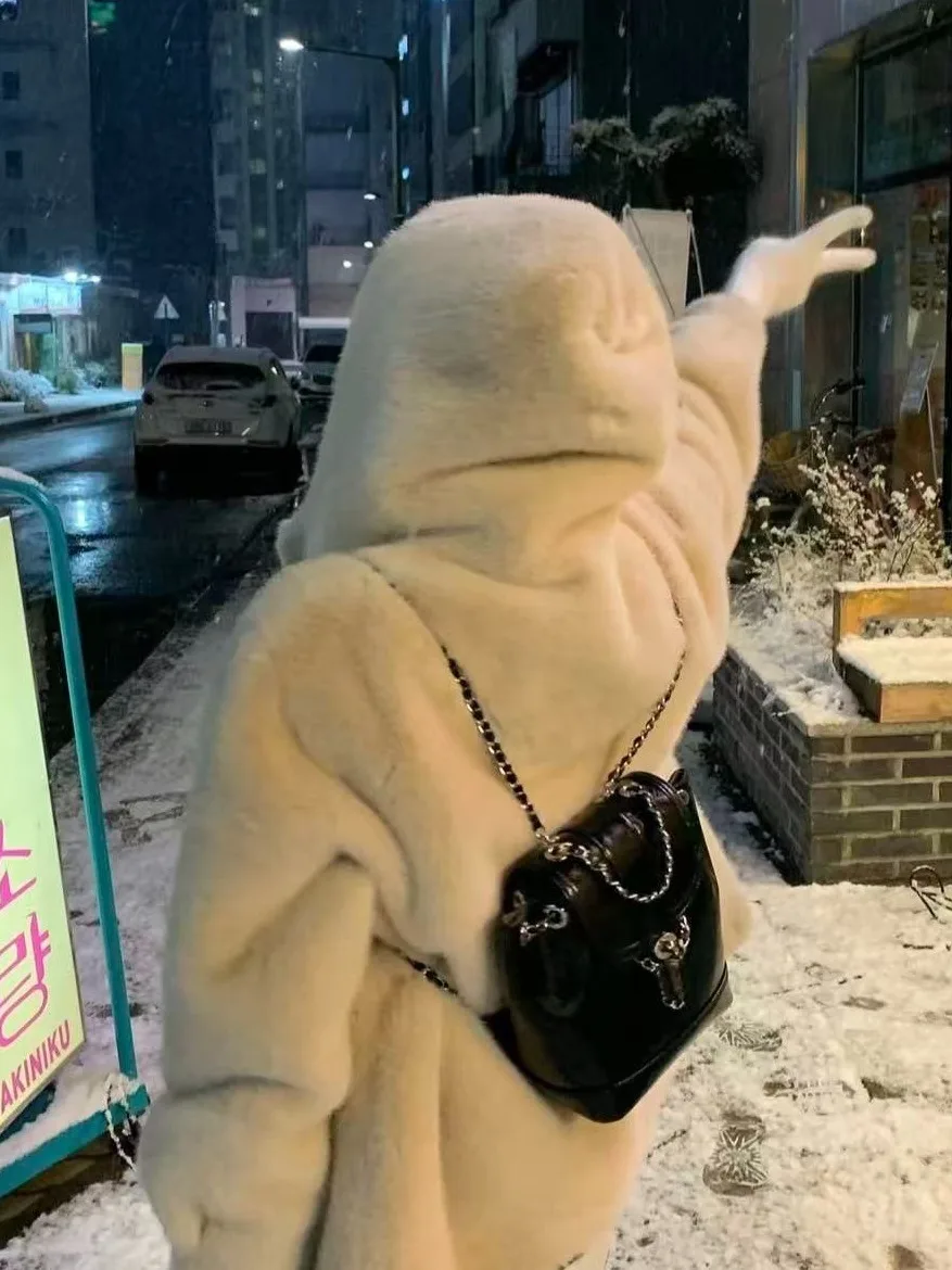 Abrigo coreano Sle redondo Ne con forro de piel, sombrero de cuero integrado, abrigo ort holgado para mujer, cierre de cremallera, prendas de vestir exteriores de invierno