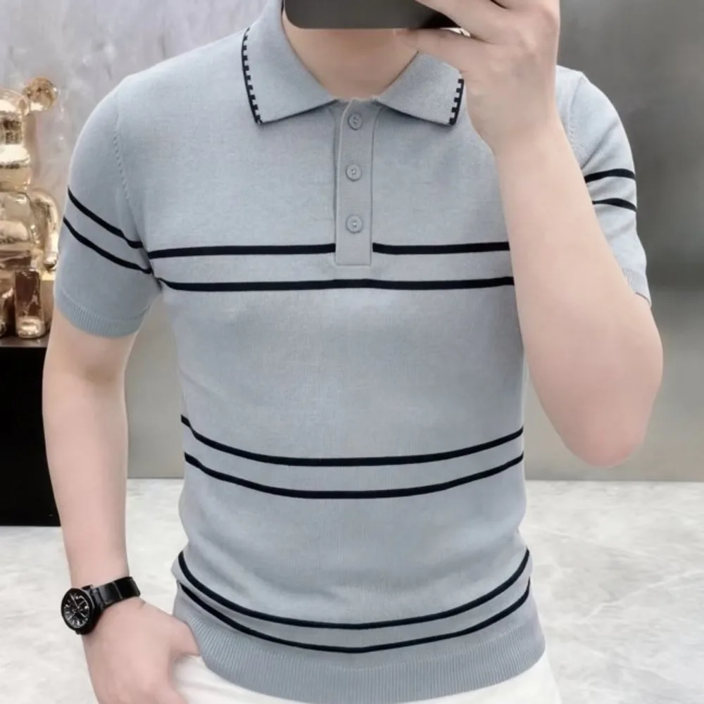 Knitted Stripe Slim Shirt Breathable Polo Shirt Men 2026 Summer High Quality Contrasting Stripe Stitching Polo Shirt Para Hombre