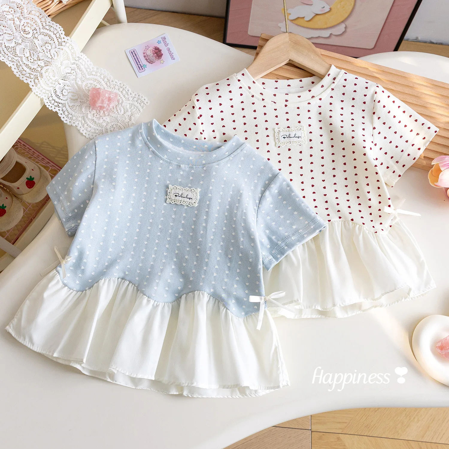 Girls Summer Korean Short Sleeve T-Shirt Foreign Style Love Printed Lace Half Sleeve Top Girls Summer Clothes