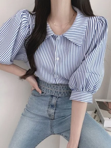 

Летняя женская рубашка в корейском стиле с полосатым дизайном, рукавами-фонариками, отложным воротником и одной пуговицей, свободного кроя, повседневный топ для подростков
