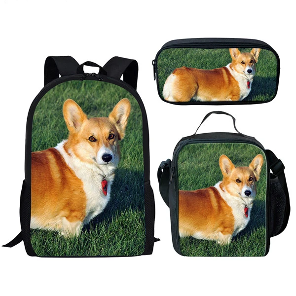 Cartoon Novelty Cool Welsh Corgi Pembroke 3D Print 3pcs/Set pupil School Bags Laptop Daypack Backpack Lunch bag Pencil Case