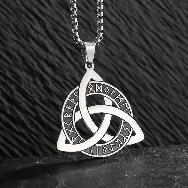 Stainless Steel Trinity Celtic Knot Nordic Rune Pendant Necklace Retro Ethnic Style Irish Knot Lucky Amulet Jewelry for Men