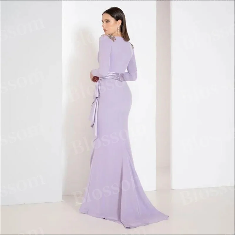 V-neck pleated Evening Gown Elegant satin Mermaid Ball gown with floor-length long sleeve decal formal party dress