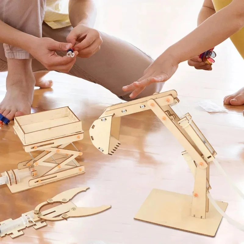 Wooden DIY physical science experimental platform excavator children\'s puzzle toy hydraulic arm engineering model education gift