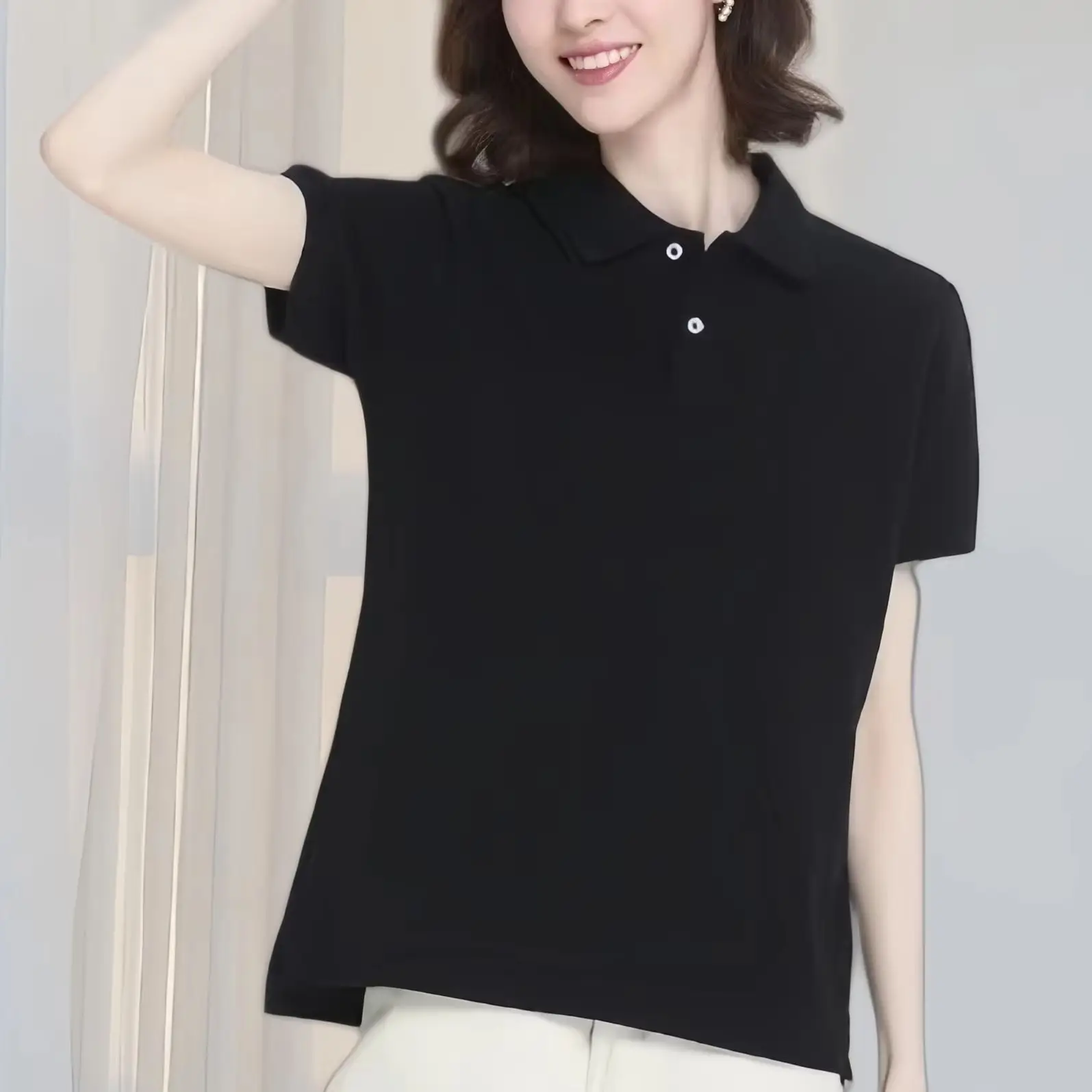 Women's basic solid color short-sleeved POLO shirts summer knitted tops daily casual models can be machine washed and dry cleane