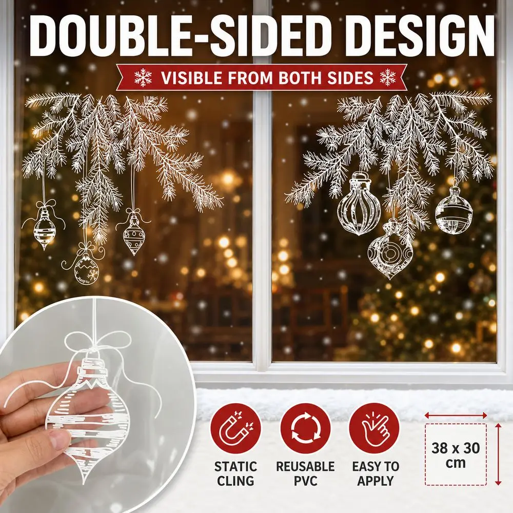 Reusable Christmas Window Sticker Static Cling Snowflake Pattern Window Cling Decal Bell Pattern PVC Holiday Window Decal