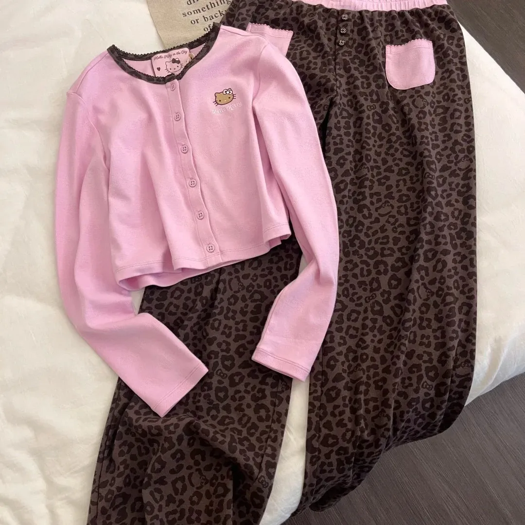 

Cute Hello Kittys Women's Pajamas Set Spring and Autumn Sanrio Long Sleeved Pants Korean Version of Minimalist Home Clothing New