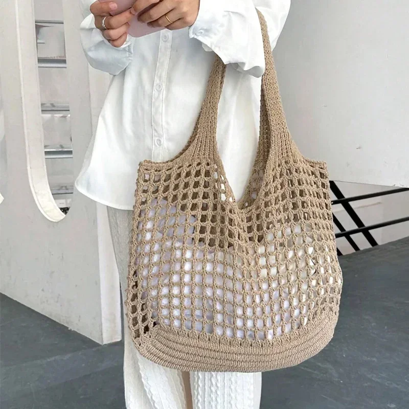 Bolsos de ganchillo a la moda para mujer, bolso de mano de playa de verano, bolsos estéticos de rafia, bolso de paja, bolso de hombro de punto tejido bohemio