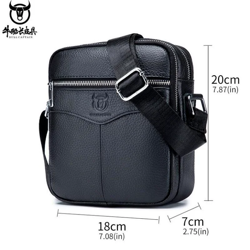 BULLCAPTAIN New 100% Genuine Leather Men Shoulder bag husband causal Crossbody Bags Small Brand double Zipper Messenger Bags