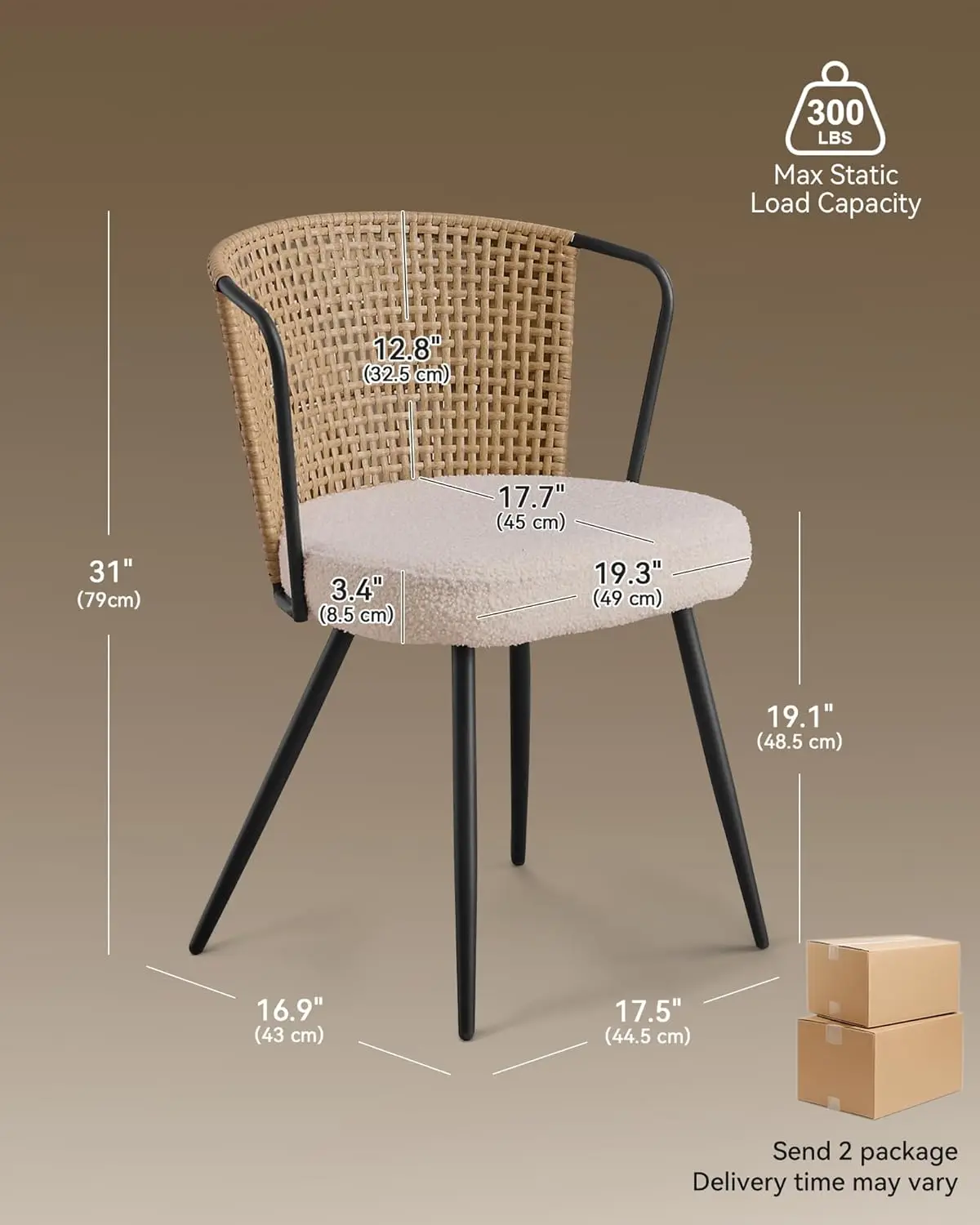 new Rattan Dining Chairs Set of 4 Upholstered Cane Back Wingback Kitchen Chair with Boucle Cushion Metal Legs Brown Customized