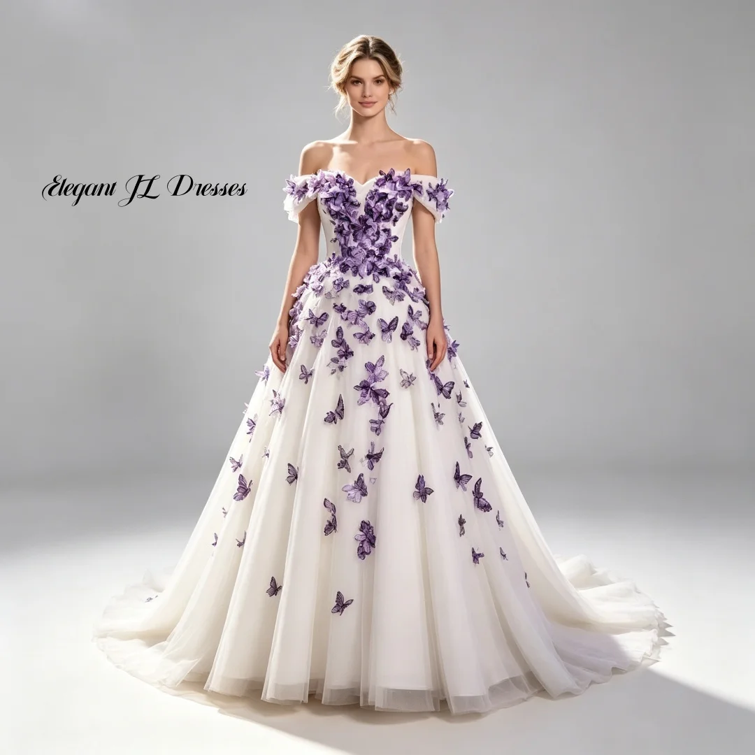 Princess Purple 3D Butterfly White Wedding Dress Off Shoulder Short Sleeve Tulle A Line Floor Length Train Fairy Cute Customized