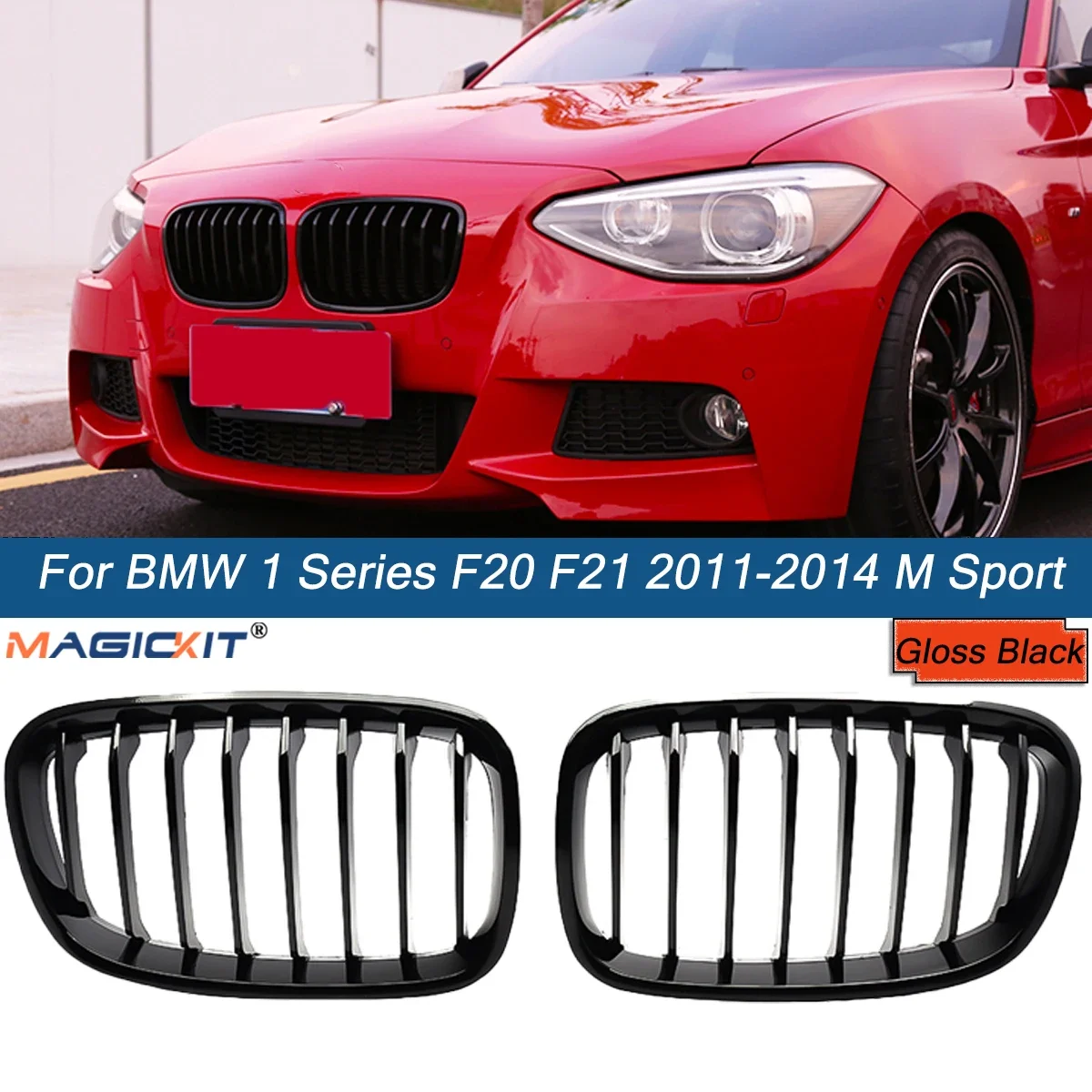 

MagicKit 1Pair Bright Black Slat Line Kidney Grill Grille Auto Accessories Fit for BMW 1-Series F20 F21 2011 2012 2013 2014 2015