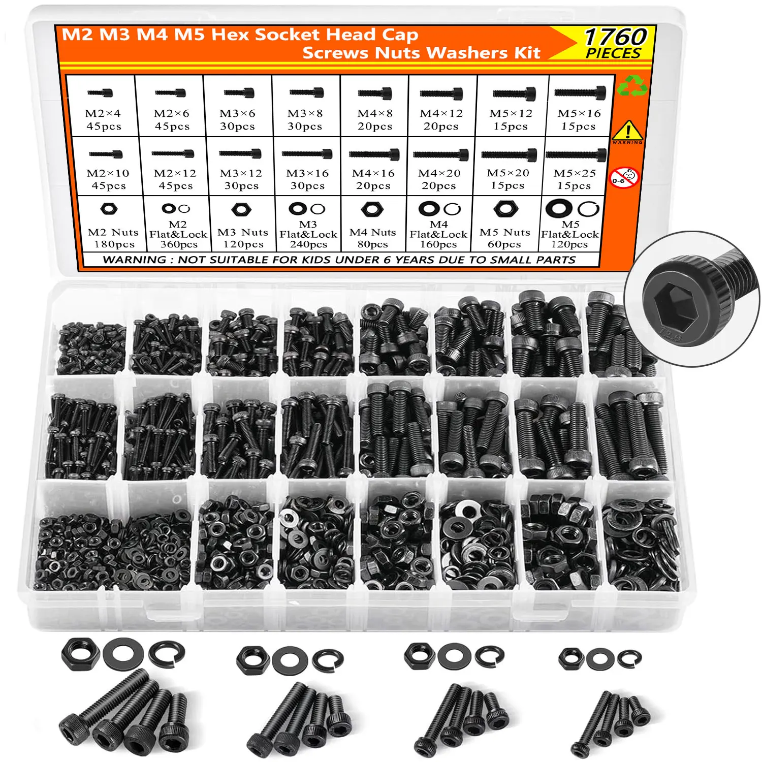 1760PCS Metric Screw Assortment Kit (M2/M3/M4/M5) - Grade 12.9 Alloy Steel Hex Socket Head Cap Bolts & Nuts, Black