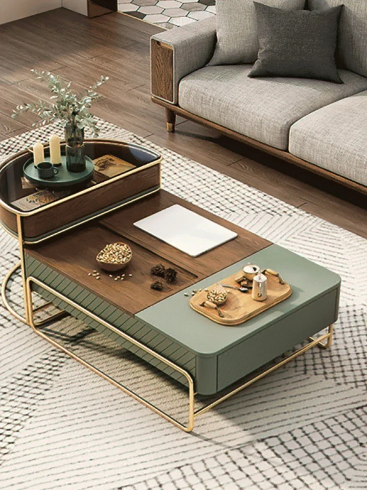 Lift-top Modern Nesting Coffee Table Set with Drawer, Tempered Glass Top Side Table, 39.37'', Green