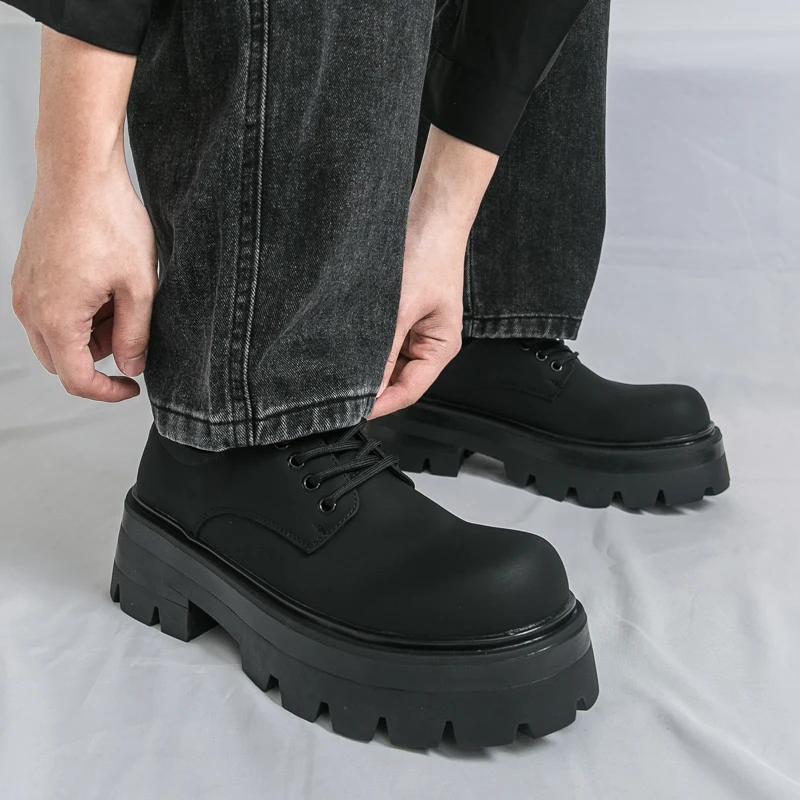 أحذية ديربي للرجال ذات نعل سميك وأربطة من البولي يوريثان بلون سادة ومقدمة مستديرة كاجوال أحذية كلاسيكية مريحة للرجال #3