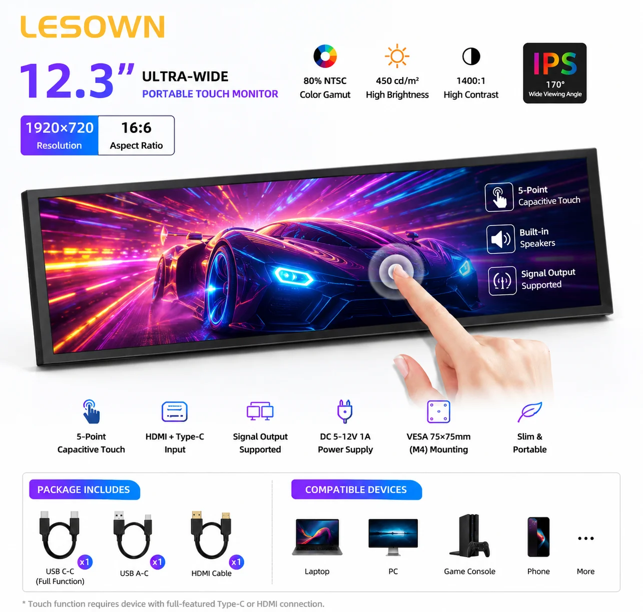 

LESOWN Desktop Modding Secondary Screen 12.3-inch 16:6 IPS Capacitive Panel for Hardware Telemetry Display with miniHDTV