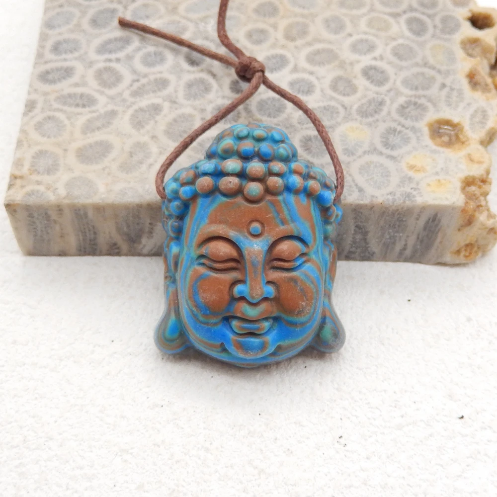 

Handmade Jewelry Rainbow Jasper Carved Buddha Head Pendant Bead Necklace Accessories Women Men Gift 32x24x12mm 11g