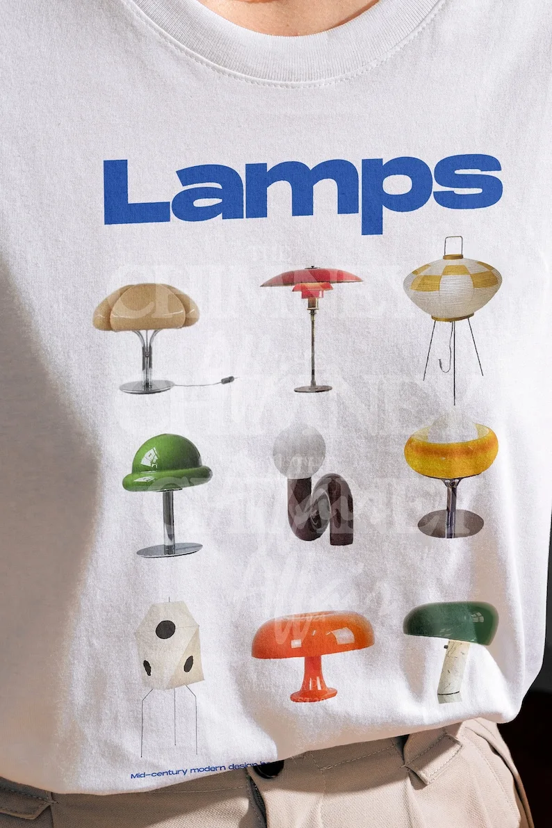 Aesthetic 90s Mid Century Modern Lamps Print T-shirt Retro Vintage Trendy Streetwear Graphic Tees Gen Z Shirt Fashionable Gifts