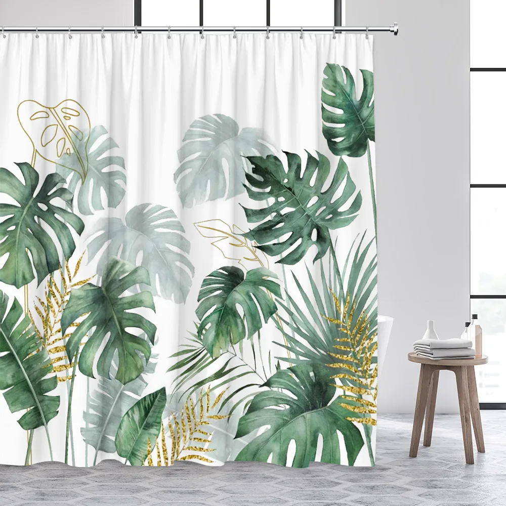 Watercolor Tropical Monstera Palm Eucalyptus Leaf Hummingbird Butterfly Floral Shower Curtain Green Jungle Plant Print Waterproo