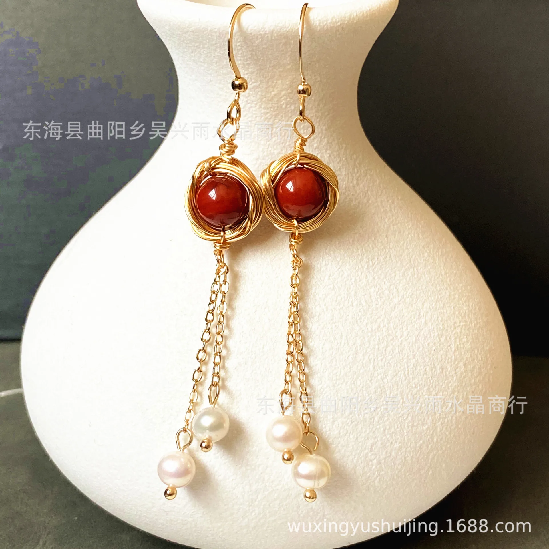Nanhong agate 14k gold handmade winding, natural white pearl, ear hook earrings, earrings, studs.