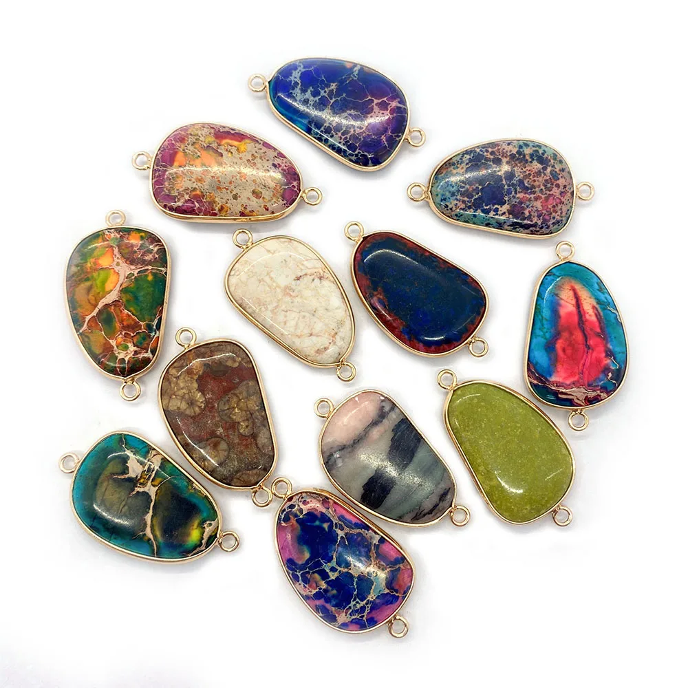 Exquisite Natural Colorful Imperial Stone Polished Irregular Oval Electroplated Double-Hole Edged Pendants DIY Jewelry Materials