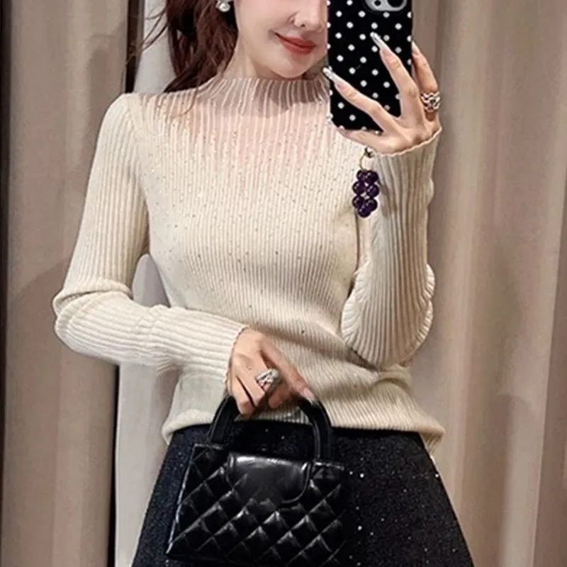 2026 New Autumn Winter Women's Bling Sweater Hot Drill Mesh Hollow Mock Neck Knitted Sweater Woman Korean Style Pullover Sweater
