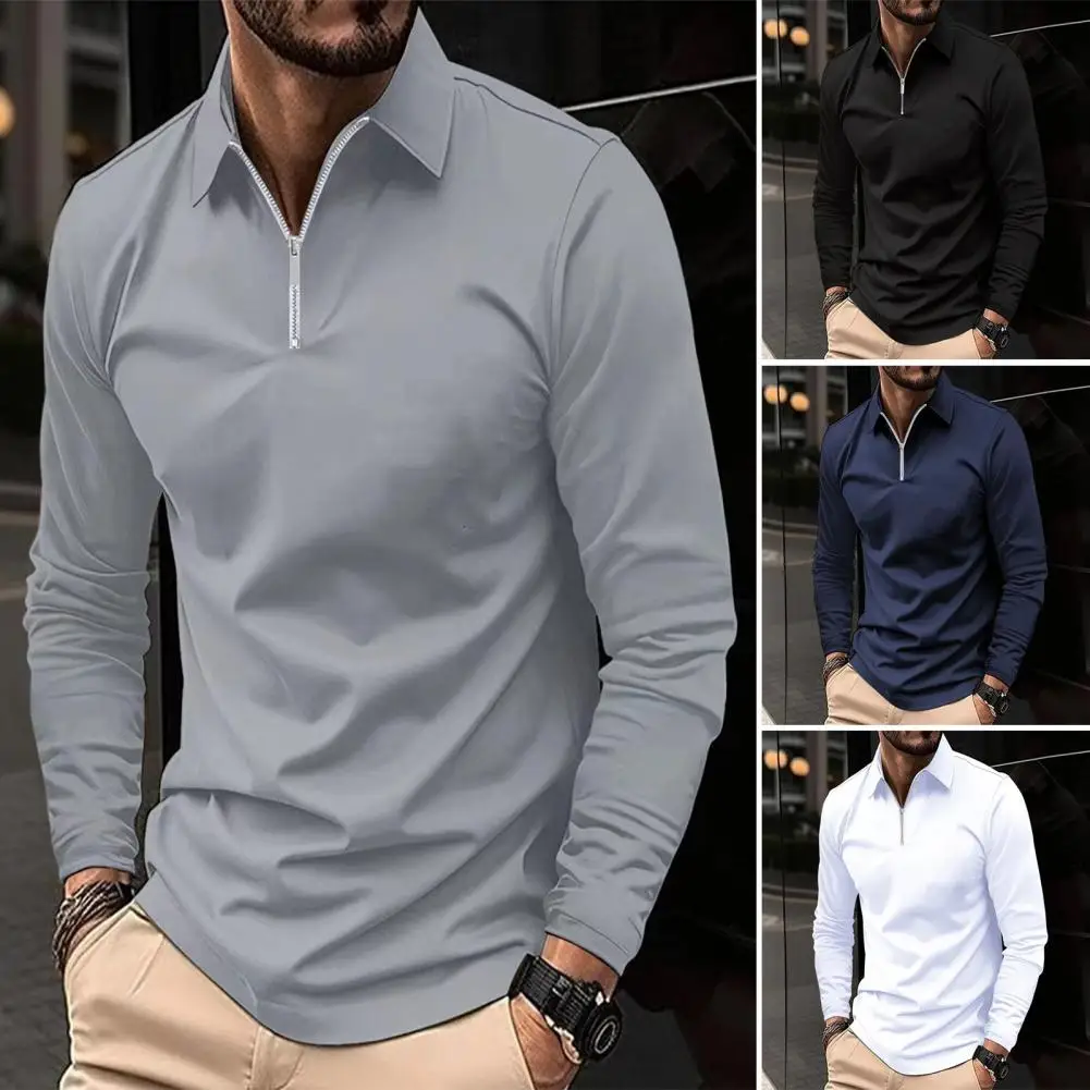 Men Shirt Fashion Long Sleeve Solid Color Men Top Lapel Design Soft Breathable Cotton Blend Pullover for Daily Wear