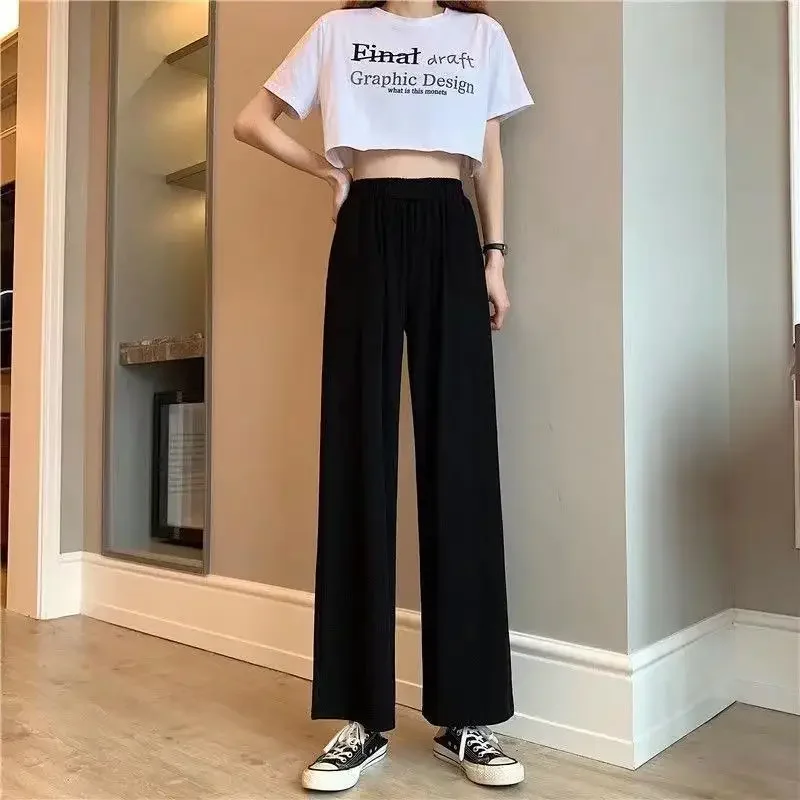 카키 여성용 캐주얼 루즈핏 신축성 허리 스커트 바지, 100% 순면 바지, 레트로 블랙 와이드 레그 팬츠, 2024 여름 신상