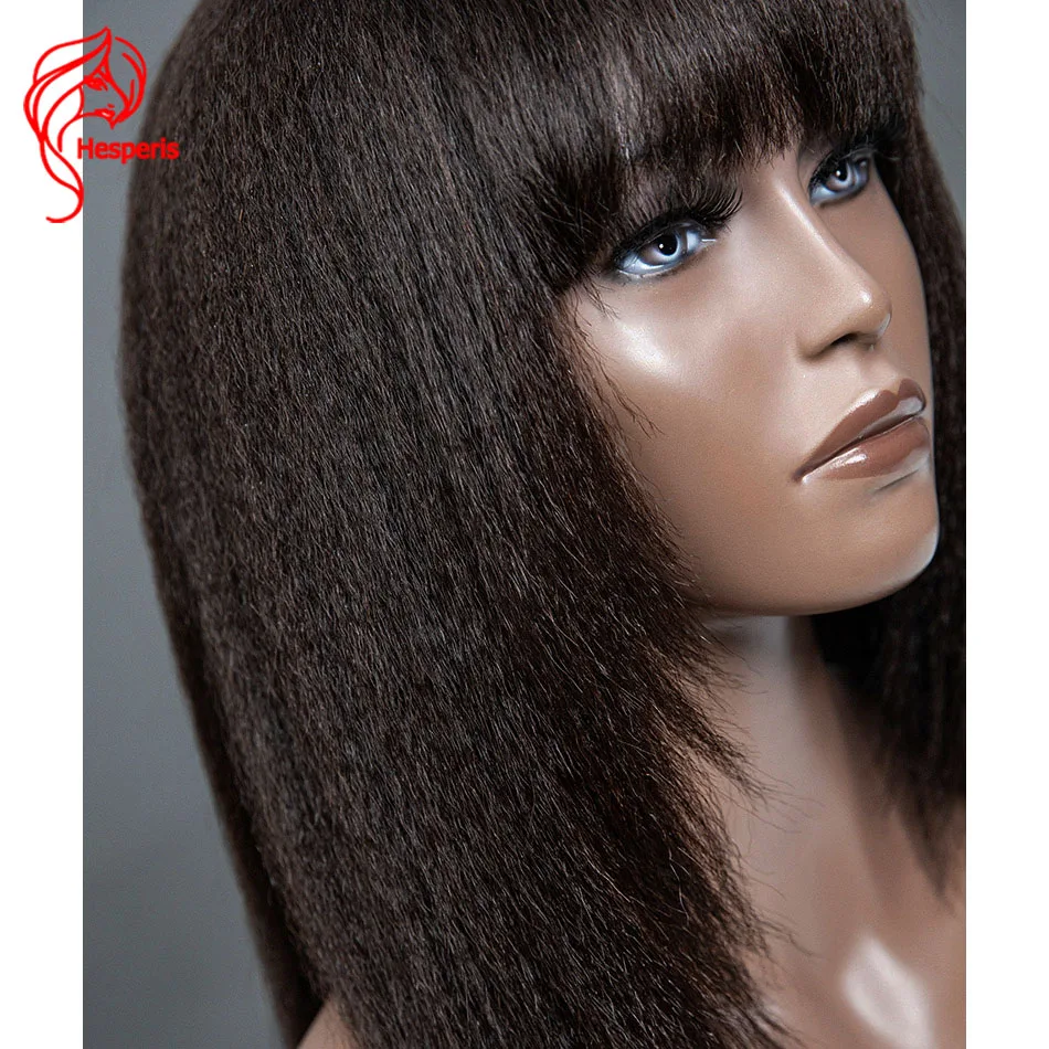 Hesperis Yaki Straight Human Hair Wig With Bangs Remy Brazilian Hair Scalp Top Full Machine Made Layered Cut Wigs For Women