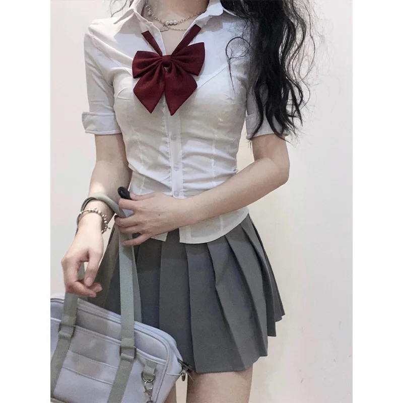 V Neck White Blouses Women Japan Korean Fashion Shirt Chic Harajuku Preppy Elegant Casual JK Slim Bandage Y2k Blusas Cute Tops