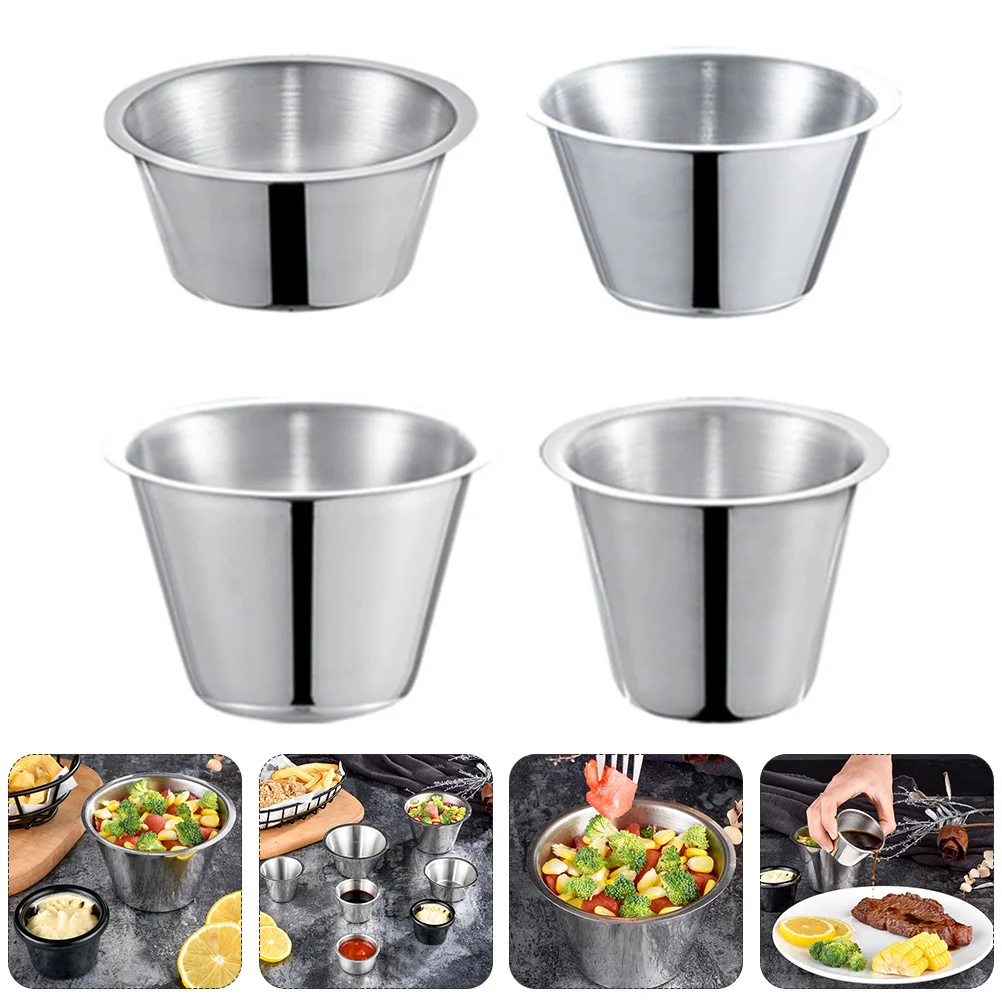 

4pcs Stainless Steel Sauce Cups Thickened Rustproof Dipping Sauce Holder For Hot Pot Western Food Kitchen Supplies Condiments