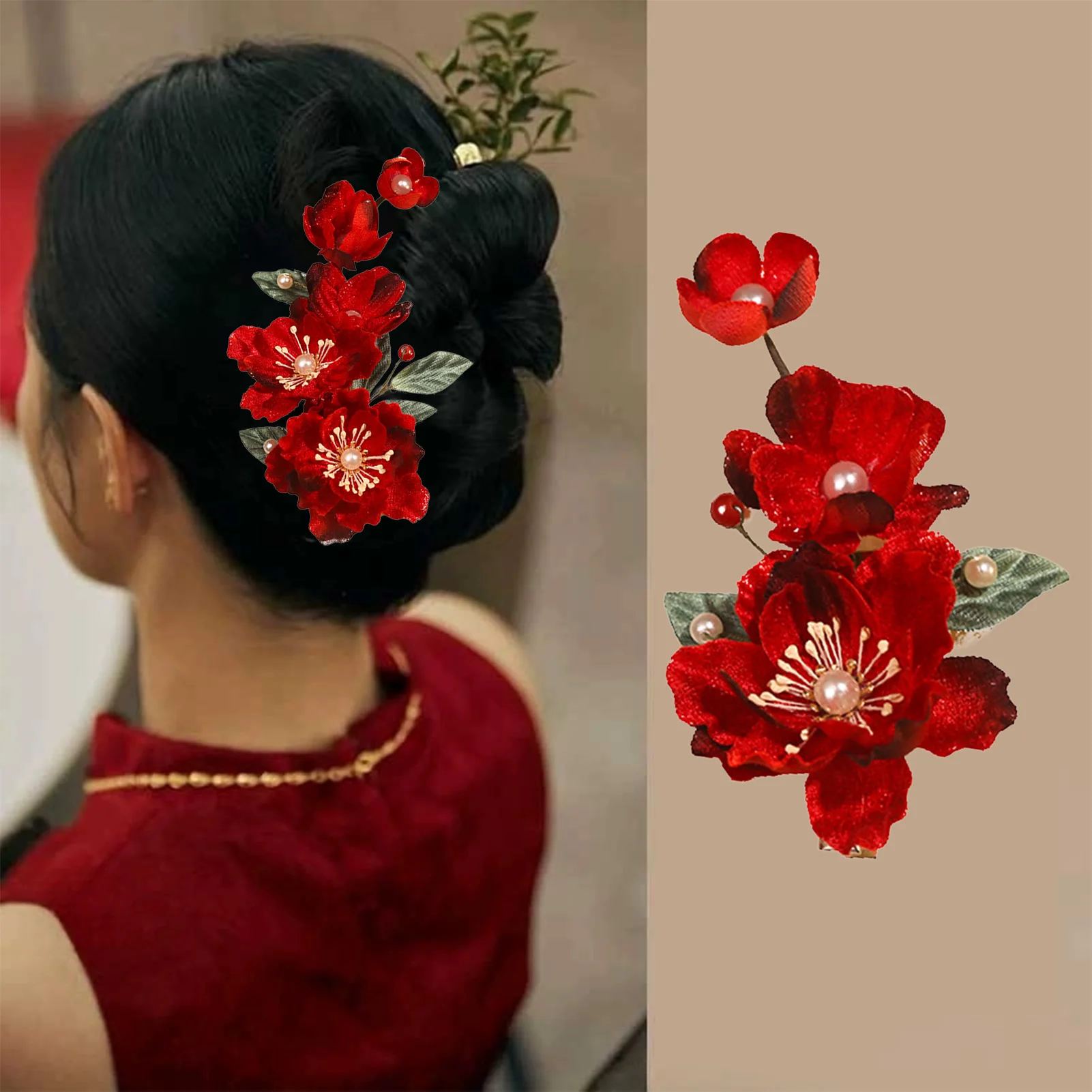 

Красные заколки для волос в китайском стиле из сплава с искусственным жемчугом, декор для свадебного фестиваля, прическа Ханфу